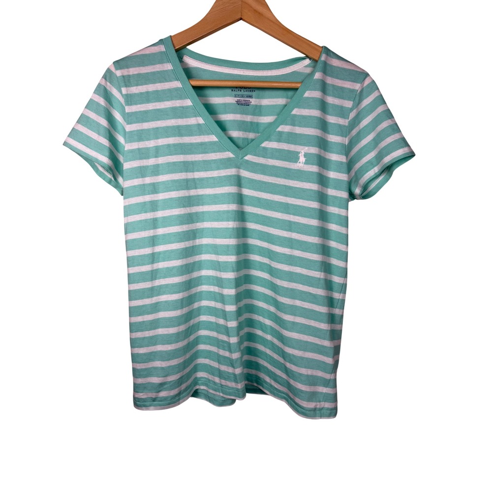 Polo Ralph Lauren T-Shirt Womens Small Mint Green White Striped V-Neck Pony Logo